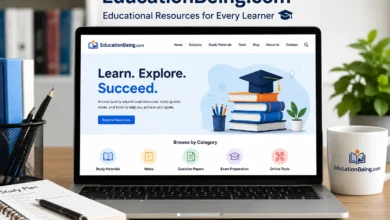 EducationBeing.com educational resources displayed on a laptop screen