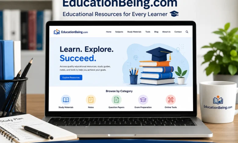 EducationBeing.com educational resources displayed on a laptop screen