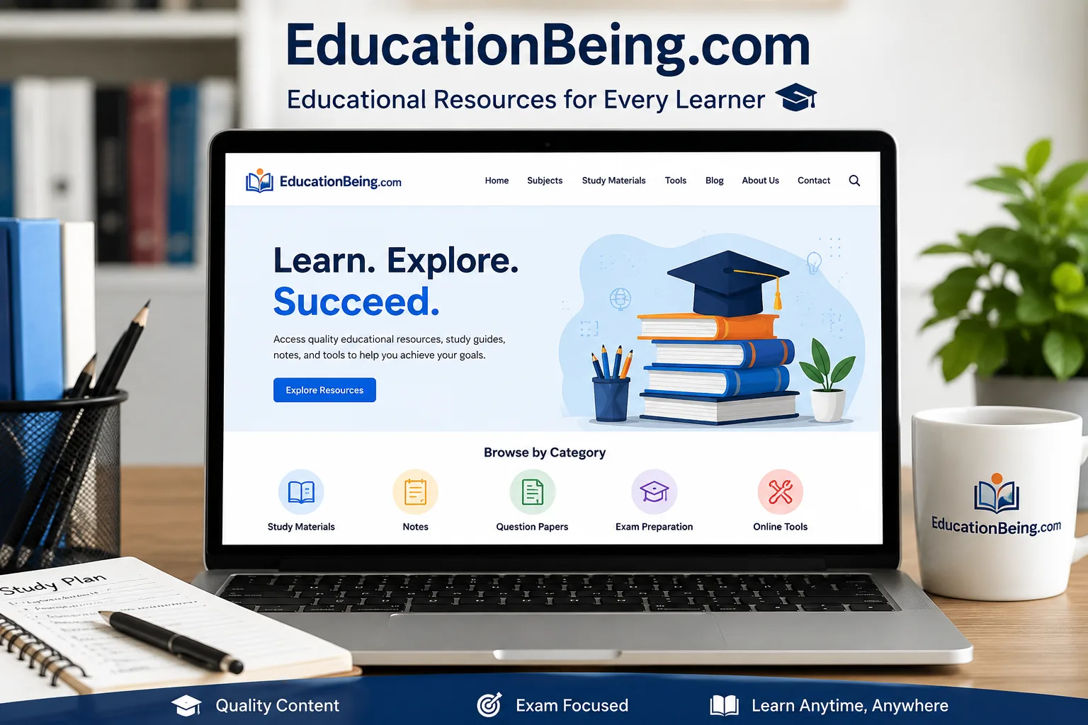 EducationBeing.com educational resources displayed on a laptop screen
