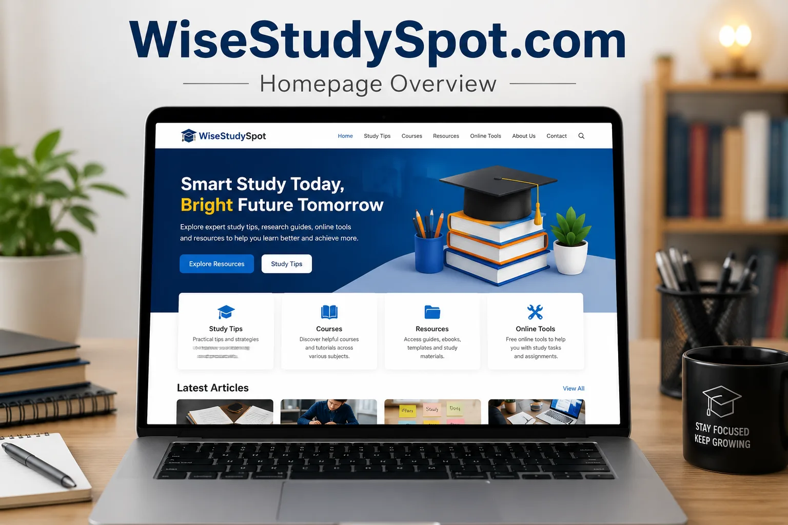 WiseStudySpot.com homepage displayed on a laptop screen